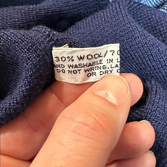 HEAD Geometric Wool Blend Sweater Retro Knit Pullover Navy Yellow Blue Large - Picture 9 of 12